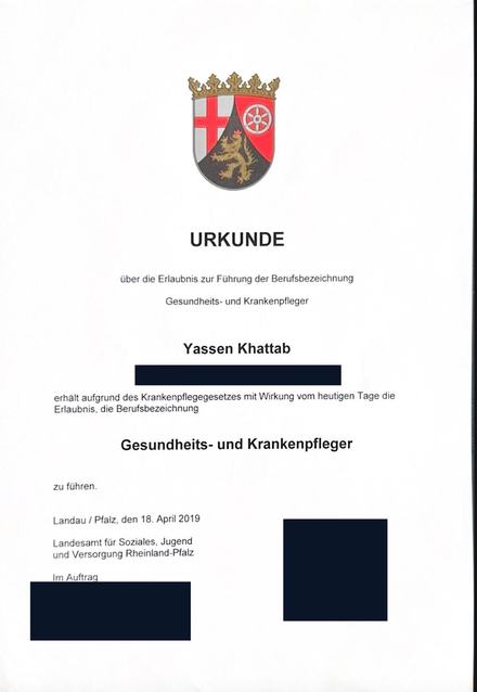Urkunde über die Erlaubnis zur Führung der Berufsbezeichnung Gesundheits- und Krankenpfleger