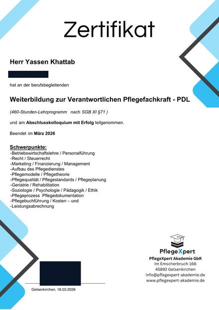 Zertifikat Weiterbildung zur Verantwortlichen Pflegefachkraft PDL