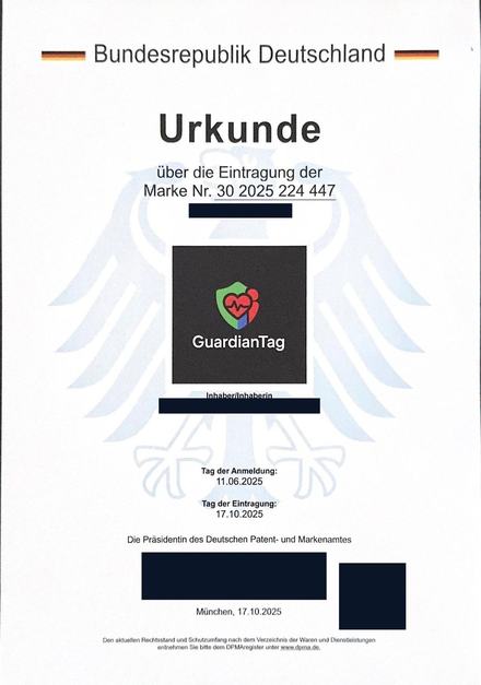 Urkunde über die Eintragung der Marke GuardianTag beim DPMA